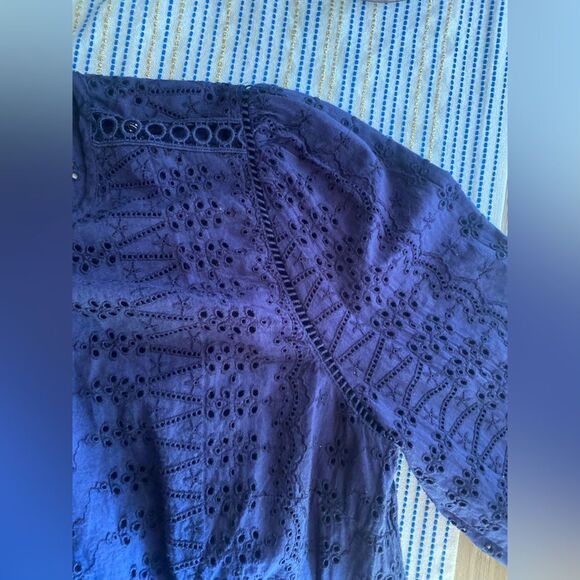 J CREW Dress Navy Blue Eyelet Embroidered Flutter Hem 100% Cotton Long Sleeve 8P - Picture 7 of 15